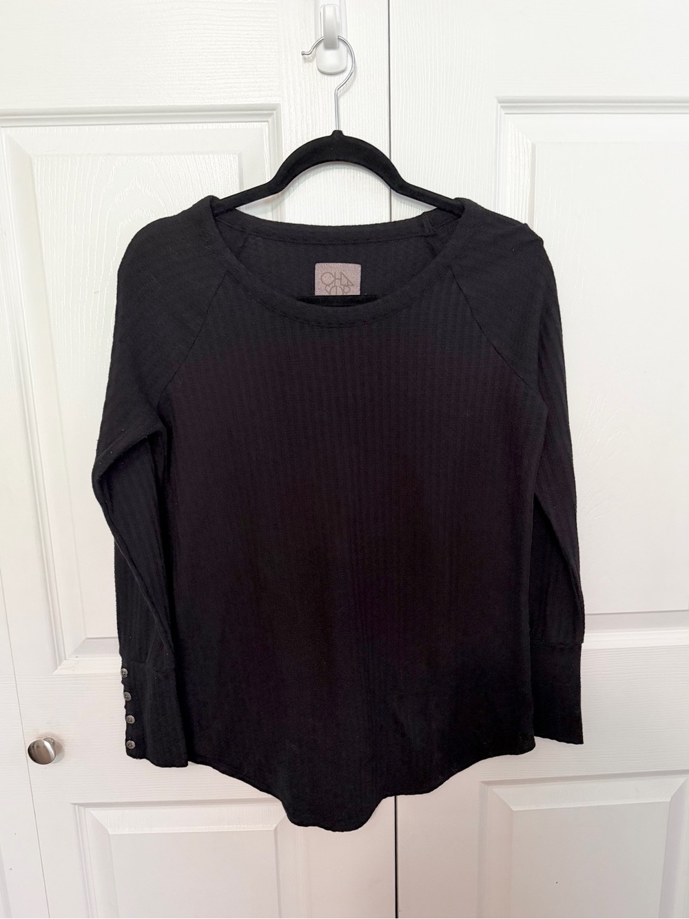 5 for $25! Chaser Black Ribbed Long Sleeve Top with Cuff Buttons